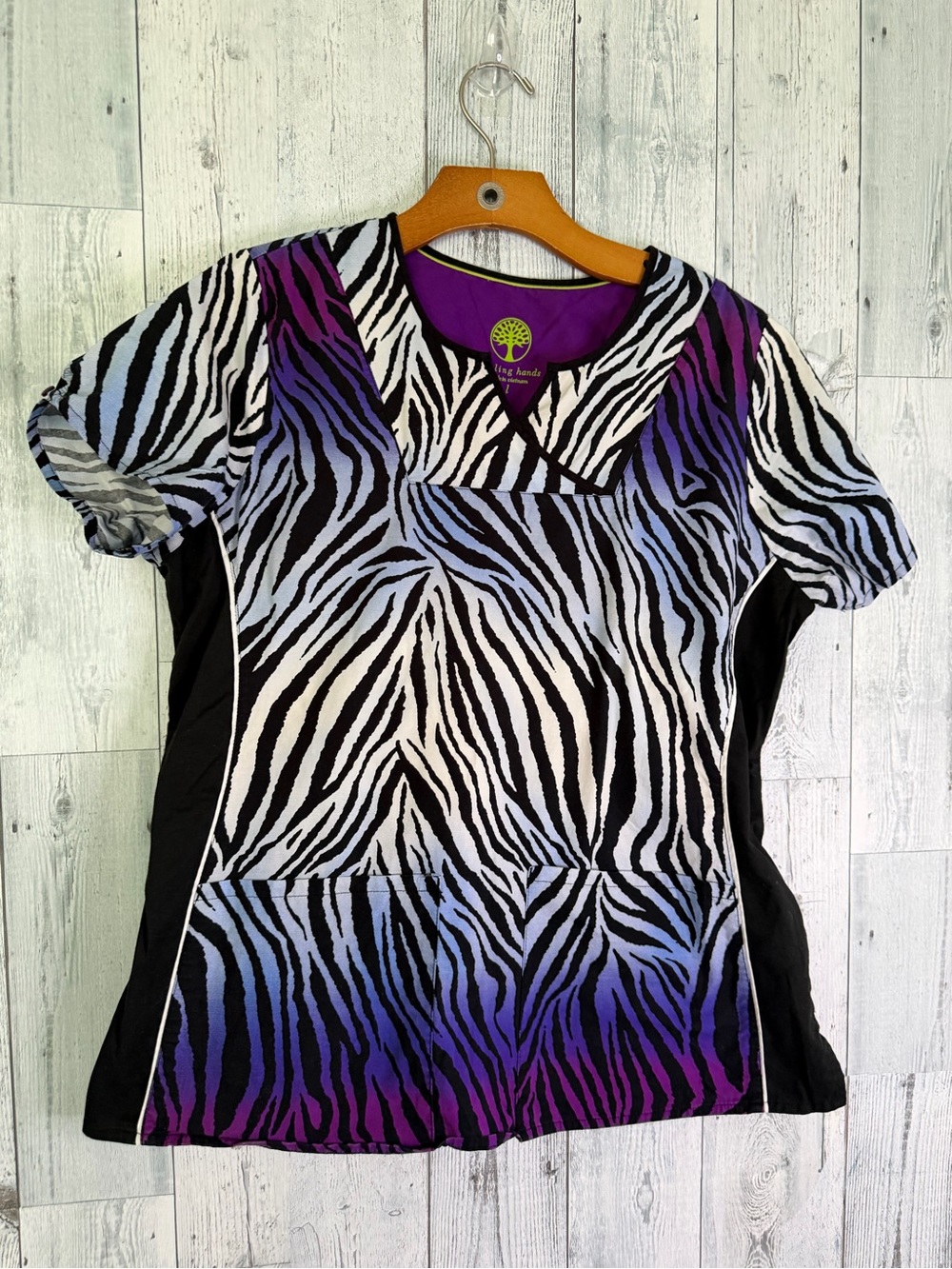 healing hands Zebra-Print Scoop Neck Scrub top in Black, White, Purple & Blue
